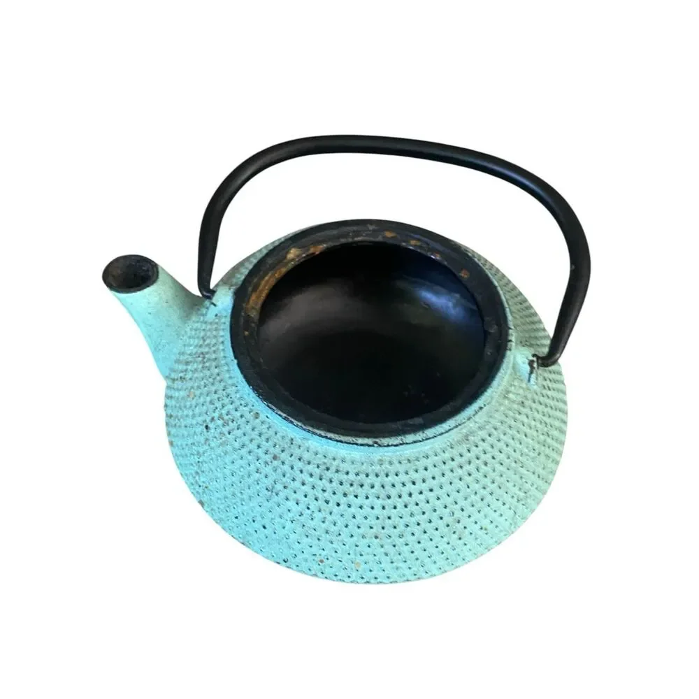 Green Cast Iron Tea Pot & Lid Distressed Patina Dot Texture Asian Rustic Decor
